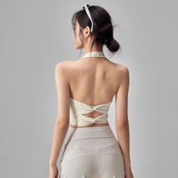 Women's Double Bowknot Halter Workout Tank - Plunging Open Back, Built-in Cups Bounce Control Yoga Gym Top