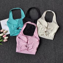 Women's Double Bowknot Halter Workout Tank - Plunging Open Back, Built-in Cups Bounce Control Yoga Gym Top