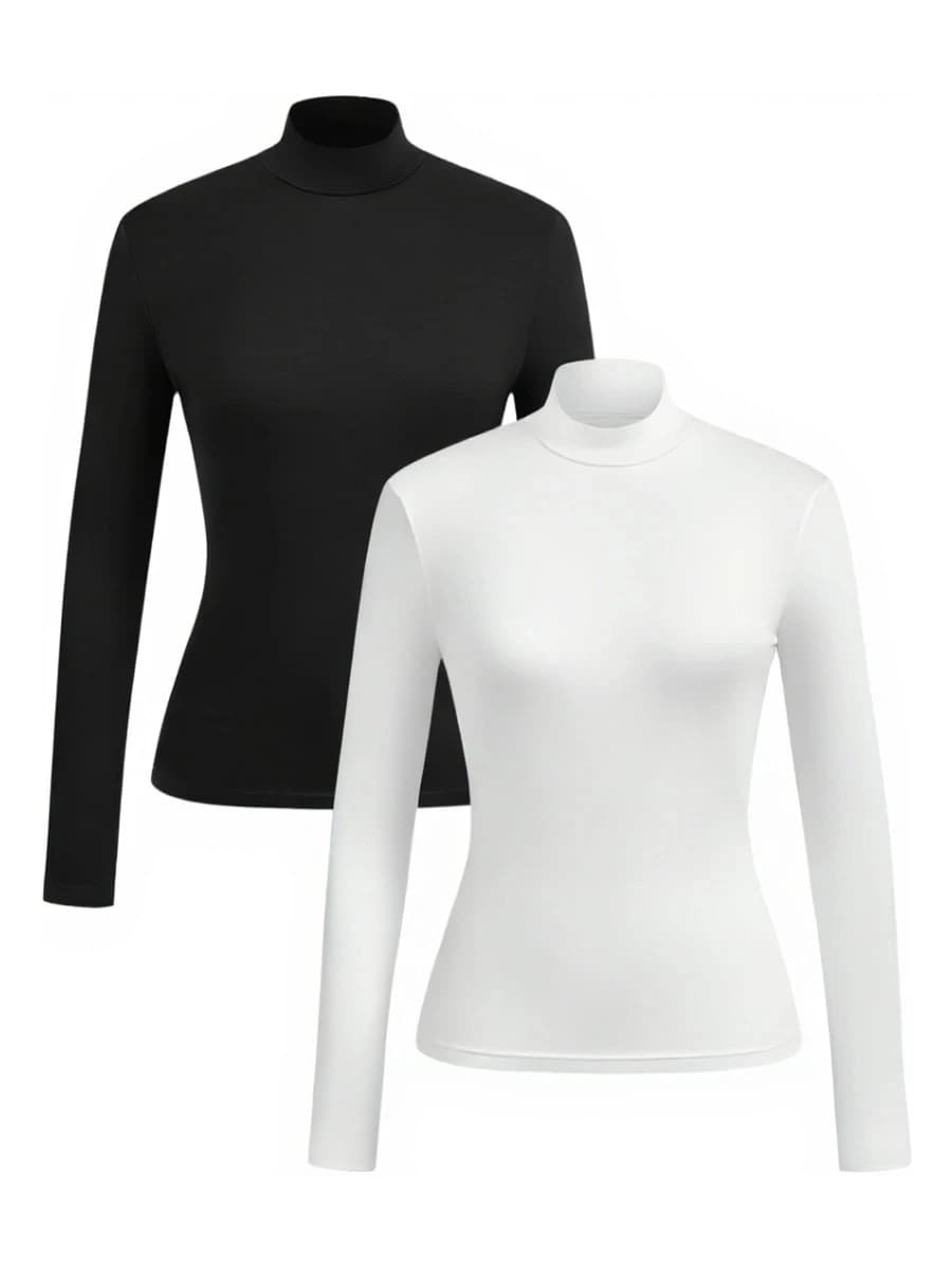 Women's high-neck brushed fitted long-sleeved basic layer T-shirt set, suitable for autumn/winter wear