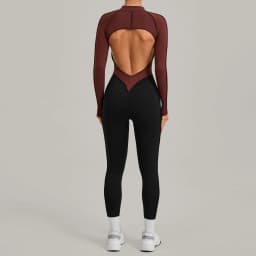 Women's Gym Workout Clothes Jumpsuits Color Block Yoga Bodysuit with Zipper Open Back Butt-lifting Outdoor Fitness Activewear