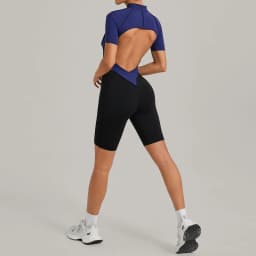 Women's Gym Workout Clothes Jumpsuits Color Block Yoga Bodysuit with Zipper Open Back Butt-lifting Outdoor Fitness Activewear