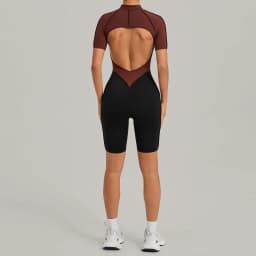 Women's Gym Workout Clothes Jumpsuits Color Block Yoga Bodysuit with Zipper Open Back Butt-lifting Outdoor Fitness Activewear