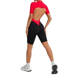 Women's Gym Workout Clothes Jumpsuits Color Block Yoga Bodysuit with Zipper Open Back Butt-lifting Outdoor Fitness Activewear
