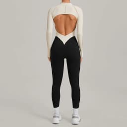 Women's Gym Workout Clothes Jumpsuits Color Block Yoga Bodysuit with Zipper Open Back Butt-lifting Outdoor Fitness Activewear