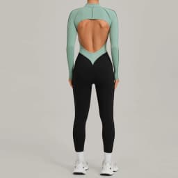 Women's Gym Workout Clothes Jumpsuits Color Block Yoga Bodysuit with Zipper Open Back Butt-lifting Outdoor Fitness Activewear