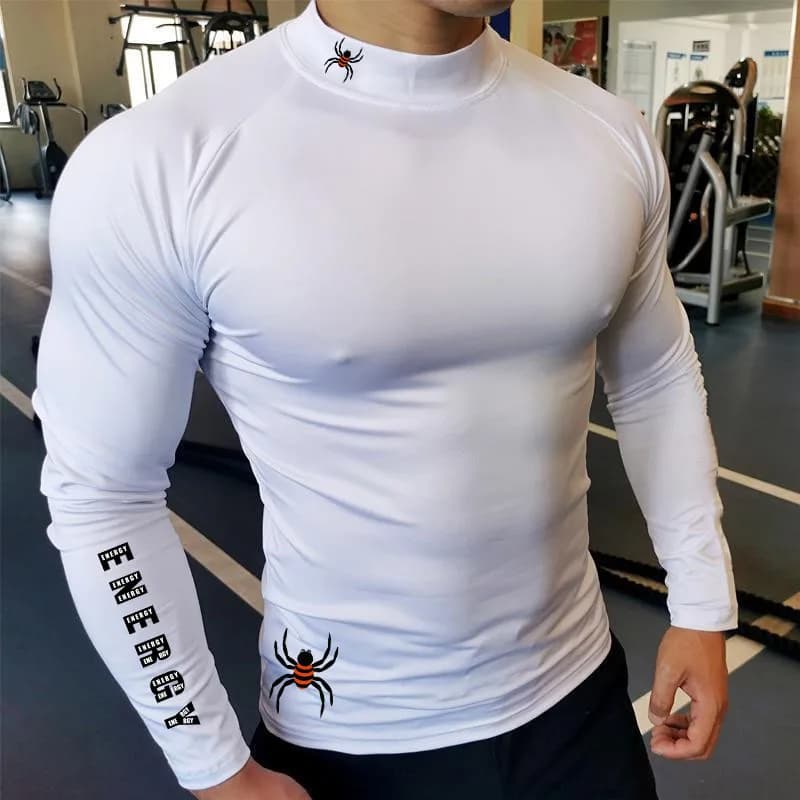 Men's Gym Compression Shirt Long Sleeve Quick Dry Breathable Workout Top High Neck Tight Fit Bodybuilding Training