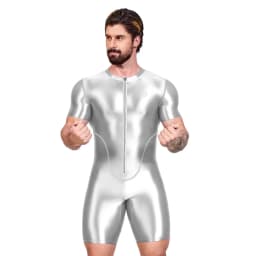 AMORESY Men's Shiny Satin Bodysuit Short Sleeve Sportswear Yoga Gym Fitness Swimsuit Cycling Leotards Running Swimwear Jumpsuit