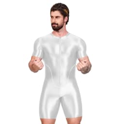 AMORESY Men's Shiny Satin Bodysuit Short Sleeve Sportswear Yoga Gym Fitness Swimsuit Cycling Leotards Running Swimwear Jumpsuit