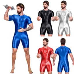 AMORESY Men's Shiny Satin Bodysuit Short Sleeve Sportswear Yoga Gym Fitness Swimsuit Cycling Leotards Running Swimwear Jumpsuit