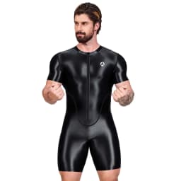 AMORESY Men's Shiny Satin Bodysuit Short Sleeve Sportswear Yoga Gym Fitness Swimsuit Cycling Leotards Running Swimwear Jumpsuit