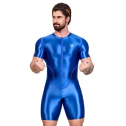 AMORESY Men's Shiny Satin Bodysuit Short Sleeve Sportswear Yoga Gym Fitness Swimsuit Cycling Leotards Running Swimwear Jumpsuit