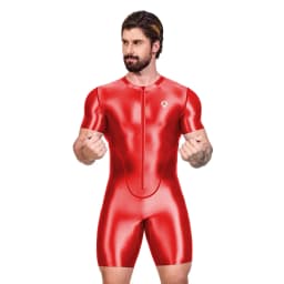 AMORESY Men's Shiny Satin Bodysuit Short Sleeve Sportswear Yoga Gym Fitness Swimsuit Cycling Leotards Running Swimwear Jumpsuit