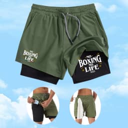 Men's Boxing Themed Printed Double Layer Sports Shorts Quick Drying And Breathable Fitness Training Shorts With Phone Pocket