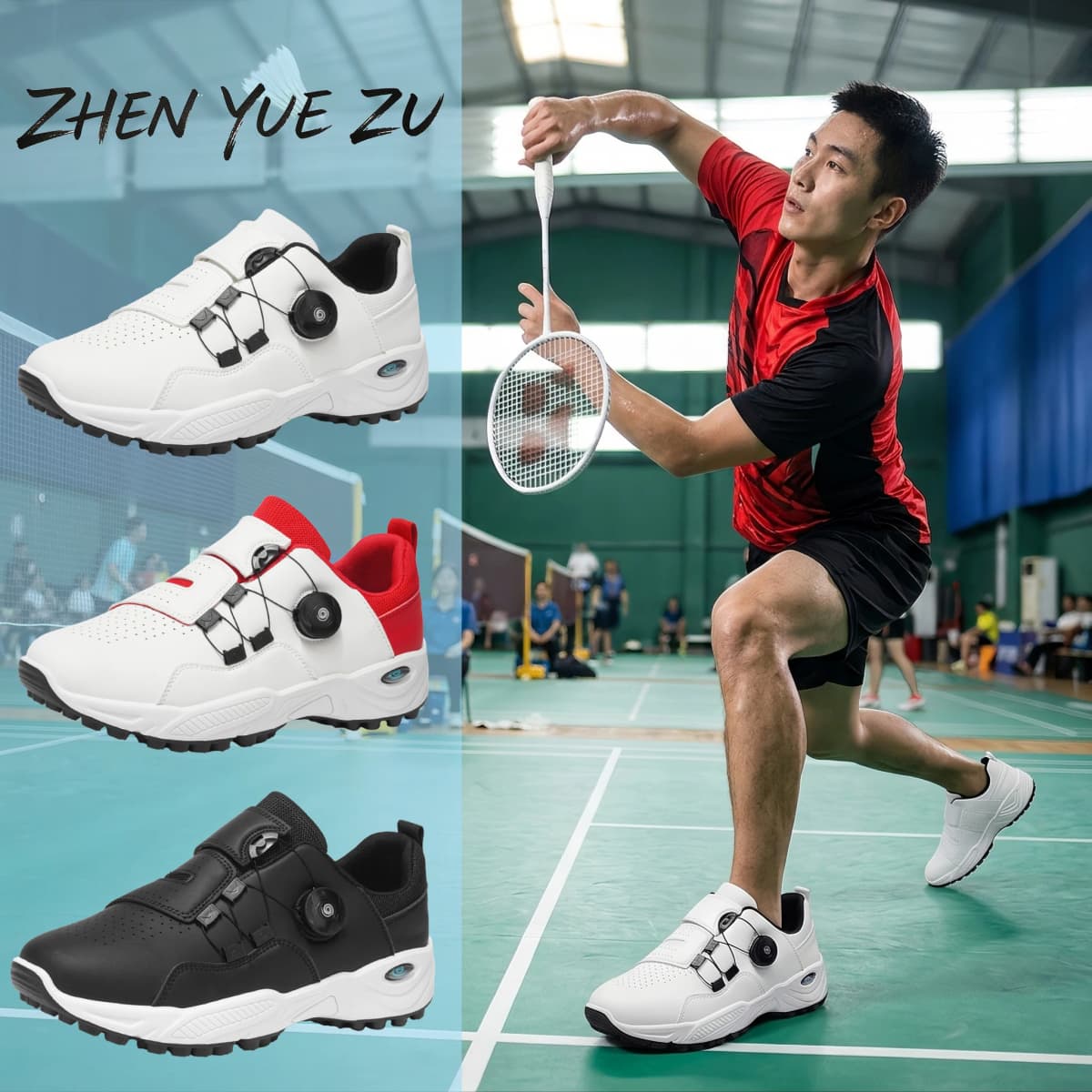 Professional Badminton Shoes with Rotary Lock Buckle, Breathable, Shock-Absorbing, Non-Slip, Comfortable Support for Court Swing Movements, Men's Casual Sports Shoes