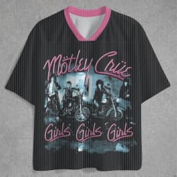 V-neck Sports Shirt Full Print Retro Hard Rock Band Group Motorcycle Pink Neon Letter Pattern Street Football T-shirt