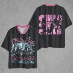 V-neck Sports Shirt Full Print Retro Hard Rock Band Group Motorcycle Pink Neon Letter Pattern Street Football T-shirt