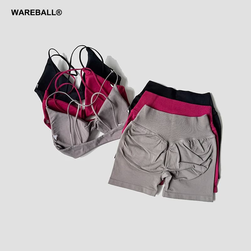 WAREBALL Yoga Vision Twist Front Sports Bra Leggings Gym Set Women's High Elastic Gym Bra Vest Buttock Lift Shorts Sports Set