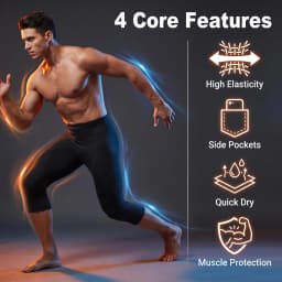Men's High Waist Compression 3/4 Running Pants, High Elastic Quick Dry Breathable Gym Workout Capri Leggings with Side Pockets