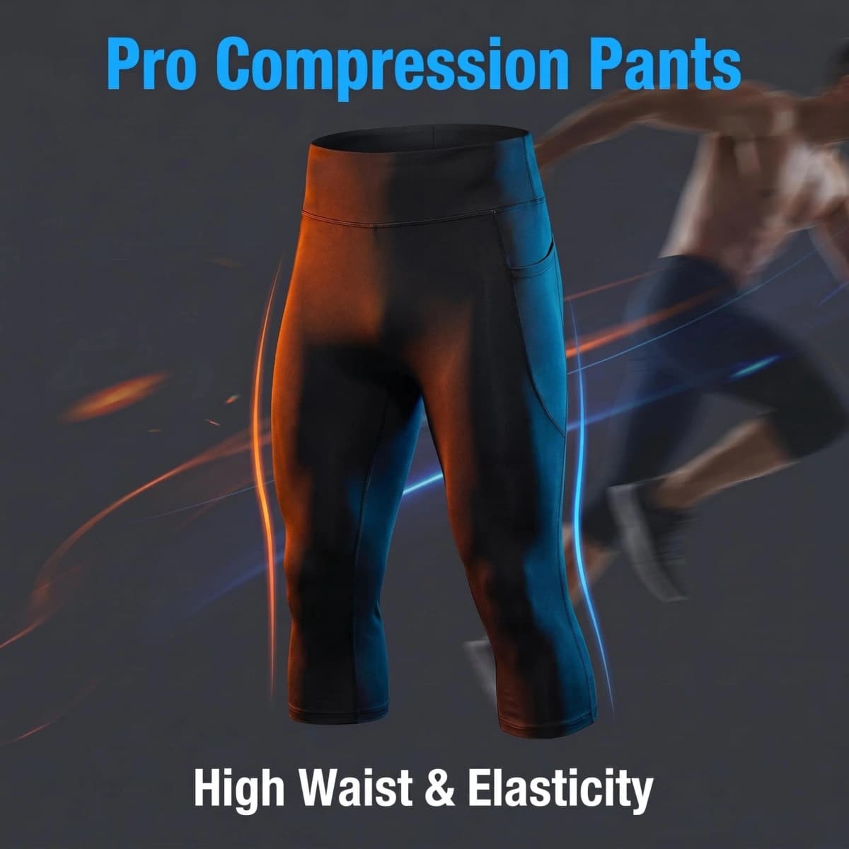 Men's High Waist Compression 3/4 Running Pants, High Elastic Quick Dry Breathable Gym Workout Capri Leggings with Side Pockets