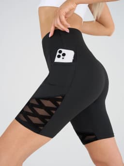 Geometric Mesh Pocket High Waist Yoga Shorts, Women Compression Workout Gym Fitness Biker Shorts