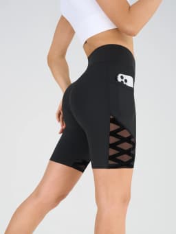 Geometric Mesh Pocket High Waist Yoga Shorts, Women Compression Workout Gym Fitness Biker Shorts