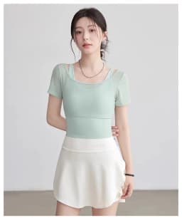 Fake Two-piece Pure Lust Style Yoga Short-sleeved Women Tight-fitting Slimming Sports Top with Chest Pad Pilates Fitness Summer