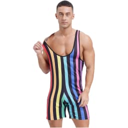Mens Swim Bodysuit Striped Leotard Wrestling Singlet One Piece Swimsuit Beachwear Boxer Shorts Rompers Bodybuilding Shapewear