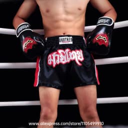 Embroidery Muay Thai Boxing Shorts Satin Elastic Waist Fight Trunks for Men Women Kids Kickboxing Martial Arts Training Sparring