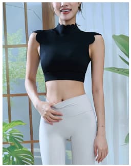 Women Scallop Edge Mock Neck Open Back Sports Bra Padded Naked Feel Breathable Crop Top Fitness Running Yoga Athletic Top
