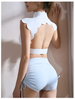 Women Scallop Edge Mock Neck Open Back Sports Bra Padded Naked Feel Breathable Crop Top Fitness Running Yoga Athletic Top
