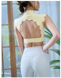 Women Scallop Edge Mock Neck Open Back Sports Bra Padded Naked Feel Breathable Crop Top Fitness Running Yoga Athletic Top