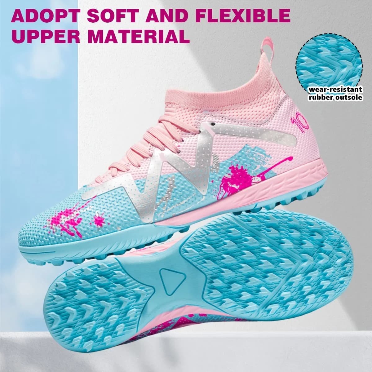 Men TF Turf Soccer Shoes, Breathable PU Upper Anti-slip Rubber Cleats, Adult Football Sneakers for Artificial Grass Training