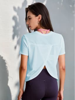 Women's Lightweight Yoga T-Shirt, Sheer Short Sleeve Workout Top with Crossover Open Back for Gym Pilates Fitness