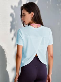 Women's Lightweight Yoga T-Shirt, Sheer Short Sleeve Workout Top with Crossover Open Back for Gym Pilates Fitness