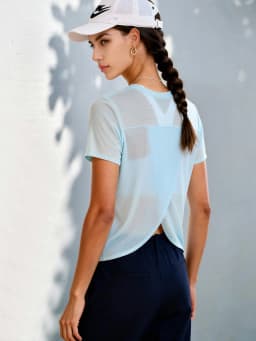 Women's Lightweight Yoga T-Shirt, Sheer Short Sleeve Workout Top with Crossover Open Back for Gym Pilates Fitness