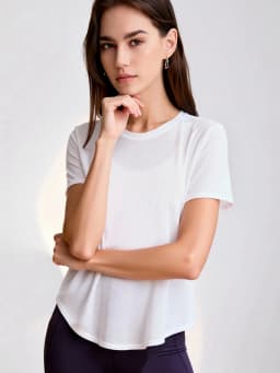 Women's Lightweight Yoga T-Shirt, Sheer Short Sleeve Workout Top with Crossover Open Back for Gym Pilates Fitness