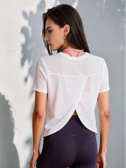 Women's Lightweight Yoga T-Shirt, Sheer Short Sleeve Workout Top with Crossover Open Back for Gym Pilates Fitness
