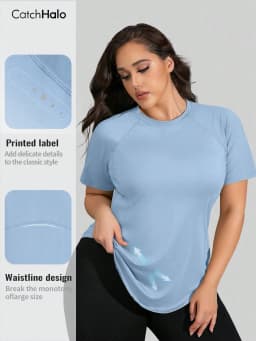 Plus Size Yoga Top Light Blue Waist Shaping Curved Hem Soft Reflective Label Fitness Casual Tee