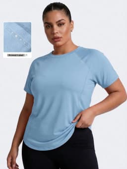 Plus Size Yoga Top Light Blue Waist Shaping Curved Hem Soft Reflective Label Fitness Casual Tee