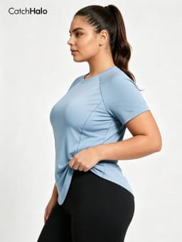 Plus Size Yoga Top Light Blue Waist Shaping Curved Hem Soft Reflective Label Fitness Casual Tee