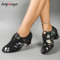 Print High Heel Dance Shoes Sneakers For Women Ballroom Latin Dance Shoes Adult Close Toe Teacher Training Shoes Oxford Sneakers