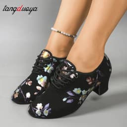 Print High Heel Dance Shoes Sneakers For Women Ballroom Latin Dance Shoes Adult Close Toe Teacher Training Shoes Oxford Sneakers