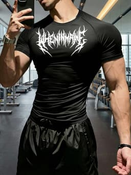 2026 Men'S Gothic Letter Pattern Print Fitness Body Suit, High-Elasticity Quick-Dry Sports Compression T-Shirt,Suitable for Gym