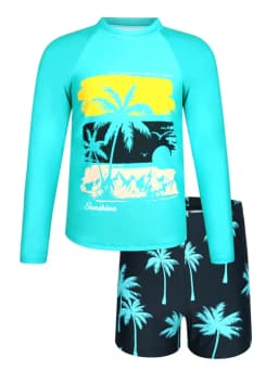 Two Piece Swimsuit 2026 New Green Coconut Tree Long Sleeves Children Swimwear Summer Shorts Beachwear Bathing Suit For Swimming