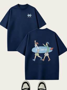 Men's Summer Fun Print Crew Neck Short Sleeve T-Shirt, Trendy Cartoon Surfing Boy Graphic Street Style Loose Fit Top
