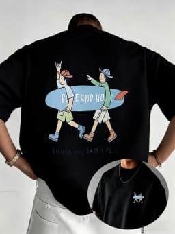 Men's Summer Fun Print Crew Neck Short Sleeve T-Shirt, Trendy Cartoon Surfing Boy Graphic Street Style Loose Fit Top