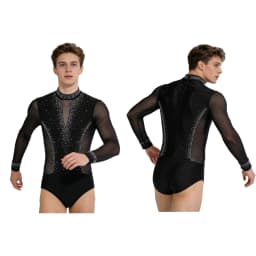 Men Long Sleeve Shiny Rhinestone Sheer Mesh Figure Skating Bodysuit Latin Dance Cha-cha Ballet Gymnastics Leotard Dancewear