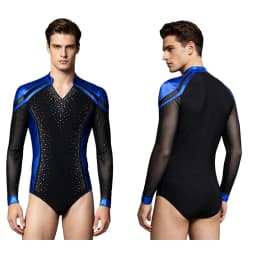 Men Long Sleeve Shiny Rhinestone Sheer Mesh Figure Skating Bodysuit Latin Dance Cha-cha Ballet Gymnastics Leotard Dancewear