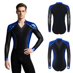 Men Long Sleeve Shiny Rhinestone Sheer Mesh Figure Skating Bodysuit Latin Dance Cha-cha Ballet Gymnastics Leotard Dancewear