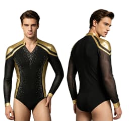 Men Long Sleeve Shiny Rhinestone Sheer Mesh Figure Skating Bodysuit Latin Dance Cha-cha Ballet Gymnastics Leotard Dancewear